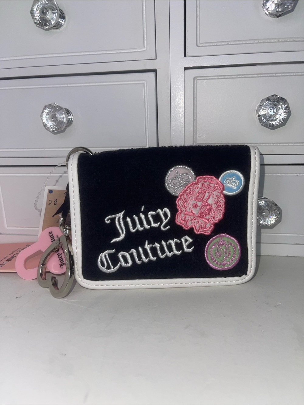 NWT Juicy Couture Black Velvet Patch Logo Wallet with White Trim